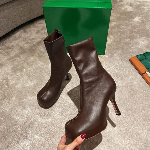 

boots fashion design winter white women genuine leather thick sole platform high heels ankle runway square toe shoes woman, Black