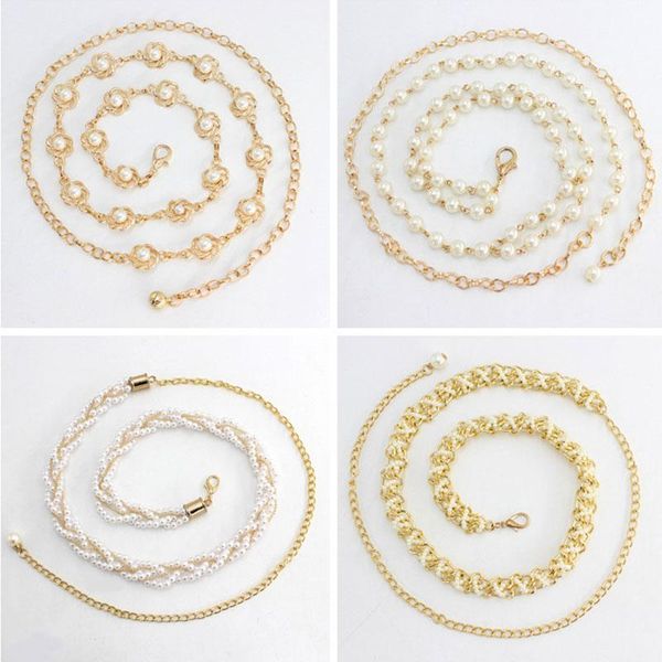 

belts pearl elegant women thin waistband imitation silver gold beaded hook decorative metal dress accessories belt chain, Black;brown