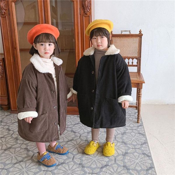 

down coat winter children patchwork woolen collar corduroy long thicken jackets boys and girls loose casual quilted warm coats, Blue;gray