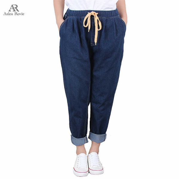 

jeans woman plus size harem pants high elastic waist softener loose lady denim pants 5xl 6xl 7xl 210616, Blue