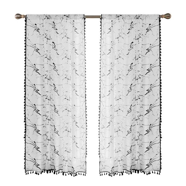 

2pcs blackout rod semi shading easy install washable bedroom marble tassel cotton blend home window curtains drapes darkening curtain &
