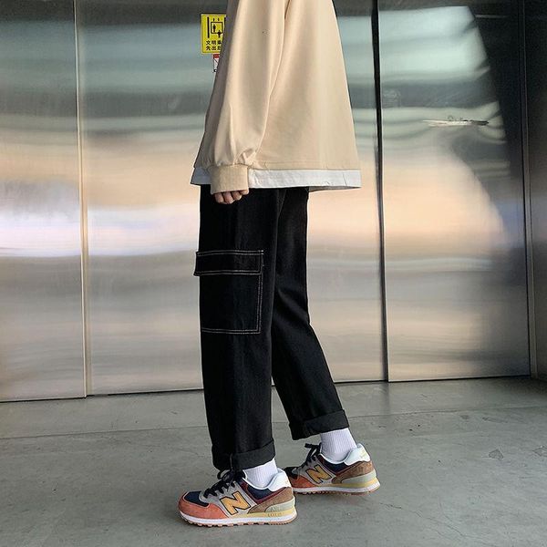 

men's jeans korean wide-leg fashion retro casual multi-pocket cargo men streetwear loose hip-hop straight denim pants mens e7mg, Blue