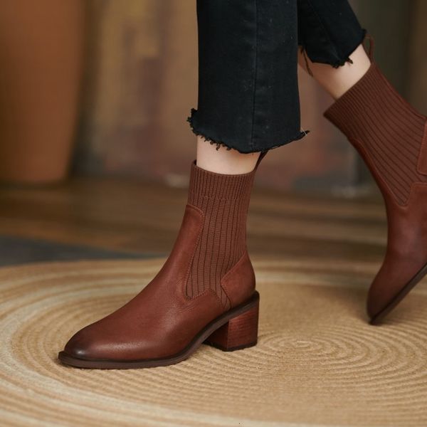 

dress shoes ankle boots for women genuine leather round toe chunky heel winter modern concise vintage knitting short ocfz, Black