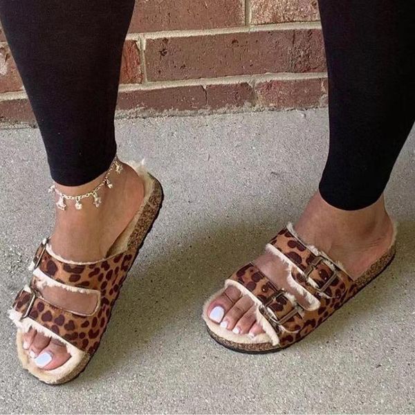 

winter women slippers leopard shoes hollow flat heels platform fur sole beach mules ladies slides party sandals zapatos de mujer, Black