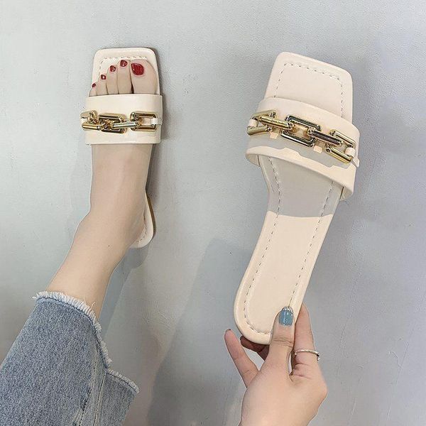 

slippers women's 2021 summer transparent chain luxury square head flat heel female plus size outdoor beach comfortable sandals, Black