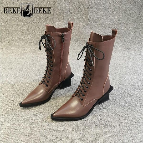 

boots 2021 pointed toe ankle women leather thick heel shoes brand winter lace-up elegant booties black