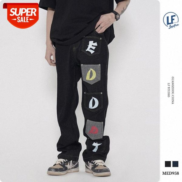 

lawfoo men's multi-pocket letter print jeans casual pants #sg8r, Black