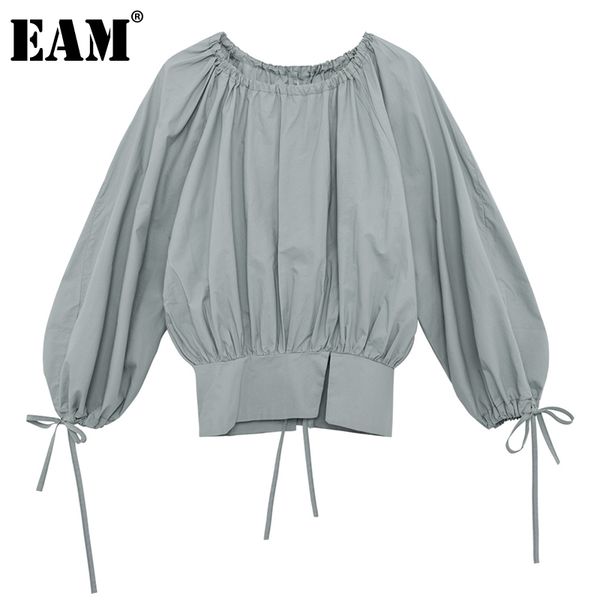 [EAM] T-shirt da donna blu nera con spacco e cinturino a pieghe T-shirt girocollo manica lanterna moda primavera autunno 1DD6888 21512