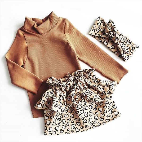 

autumn winter toddler girls outfits suit mock neck long sleeve sweatershirt leopard skirts headband 3pcs clothes set, White