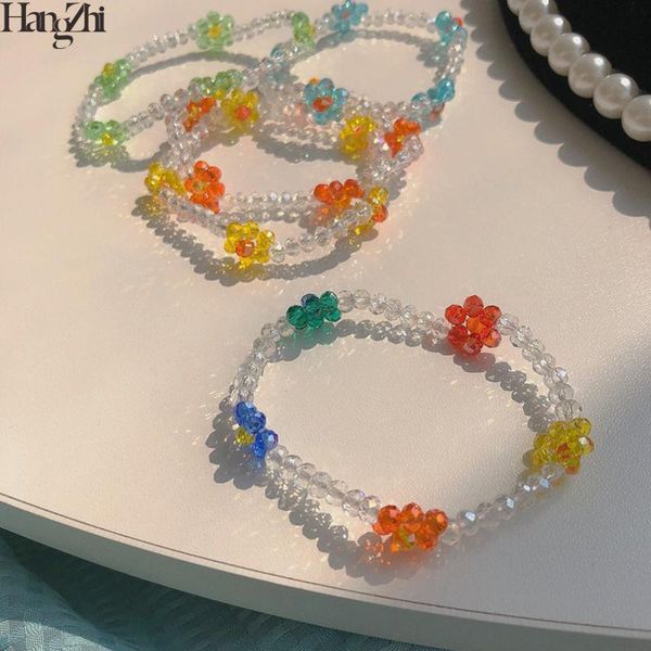 

hangzhi 2021 korean sweet colorful crystal flower bracelet handmade woven clear bead wristlet for women girls party jewelry charm bracelets, Golden;silver