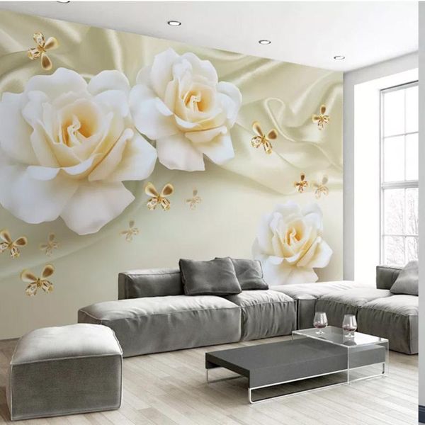 

wallpapers rose mural wallpaper 3d silk white flower warm home decoration