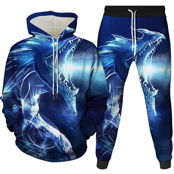

men's tracksuits punk style blue flame dragon casual hoodie 3d digital print pullover hooded sweatshirt drop, Gray