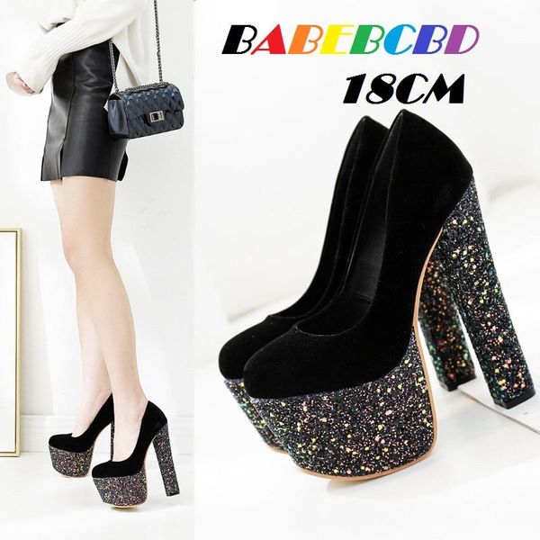 

dress shoes heels thick heel 18 cm women's night field silver waterproof platform bag head single-shoe performance, Black