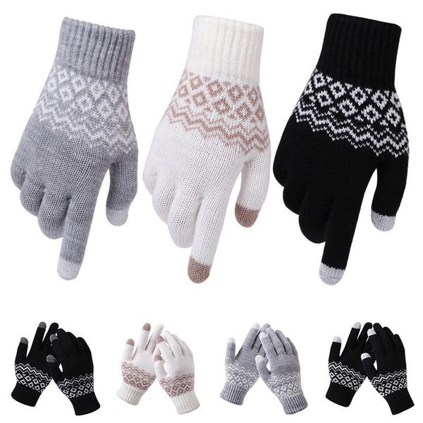 

five fingers gloves winter warm and cold-proof thickened jacquard ladies women' knitted touch screen, Blue;gray