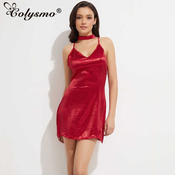 Colysmo Abito estivo da donna Sexy Party Raso di seta Slip Red Faux Silky Club Wear Ladies es Vestido De Festa 210527