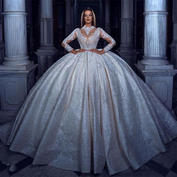 

other wedding dresses luxury ball gown vintage dress sheer long sleeve lace sparkle bridal gowns 2021, White