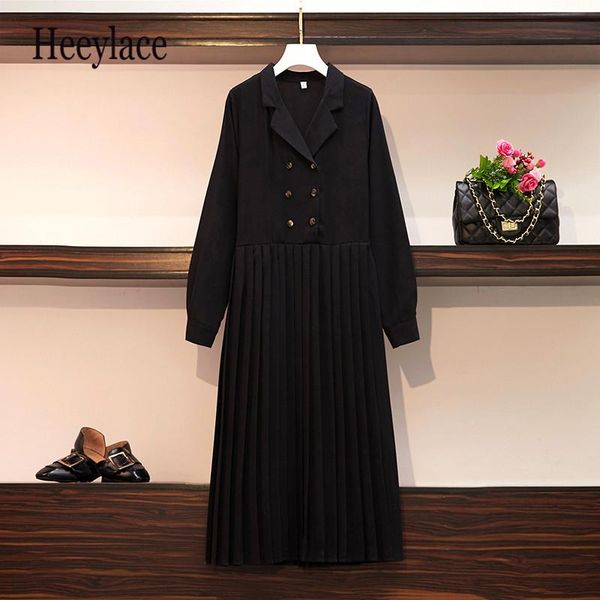 

casual dresses plus size women chiffon long dress autumn 2021 fashion notched collar sleeve double breasted loose pleated vestidos, Black;gray