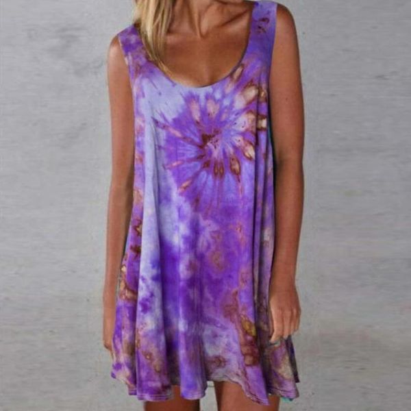 

summer purple beach bohemian sundress fashion women casual colorful tie-dye print sleeveless o-neck vest loose dress women's swimwear, White;black