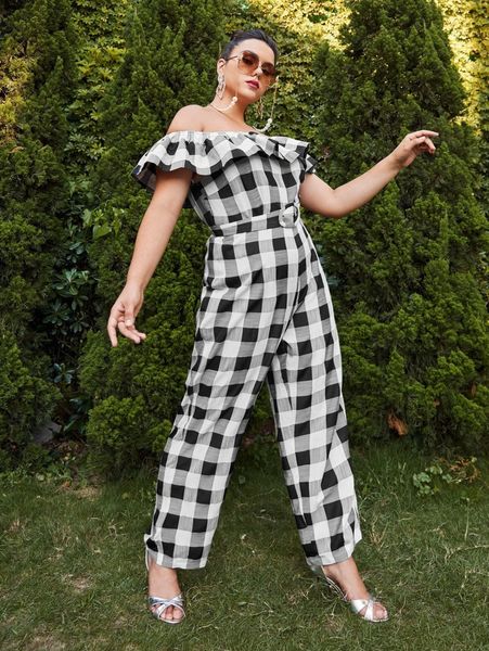 

plus ruffle off shoulder buckle belted gingham jumpsuit o3kq#, Black