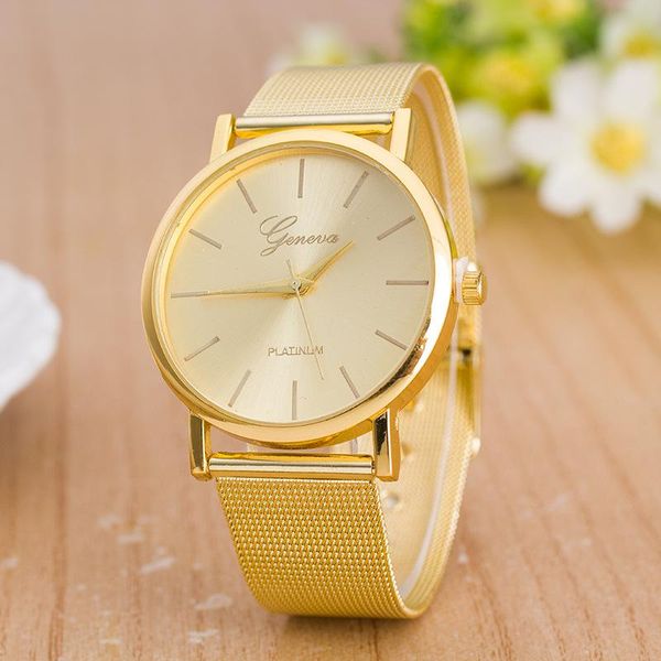 

wristwatches fashion gold watch geneva woman full stainless steel analog quartz female clock quality relogio feminino, Slivery;brown