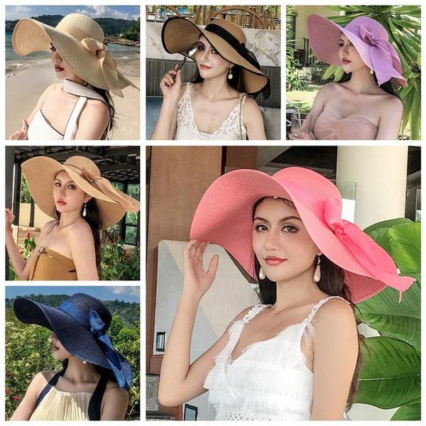 

wide brim hats summer women sun hat big bowknot foldable fashion straw casual outdoor beach cap uv protected oversized, Blue;gray