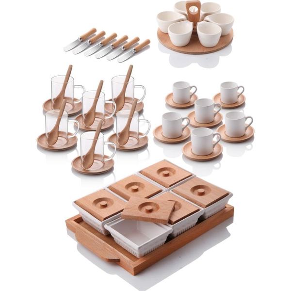 

dinnerware sets bamboo breakfast set presentation wooden covered tray tea mug coffee cup plate spoon knife serving