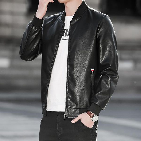 

men's jackets leather jacket spring and autumn 2021 standing collar wine red large size fashion business casual coat, Black;brown