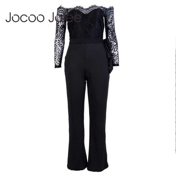 

jocoo jolee elegant off shoulder rompers women summer jumpsuit ladies casual long pant suit overalls white lace playsuits 210619, Black;white