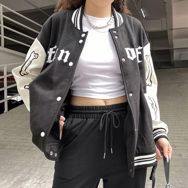 

streetwear gothic embroidery winter jacket women stripe patchwork fall varsity casual baseball coat new, Black;brown