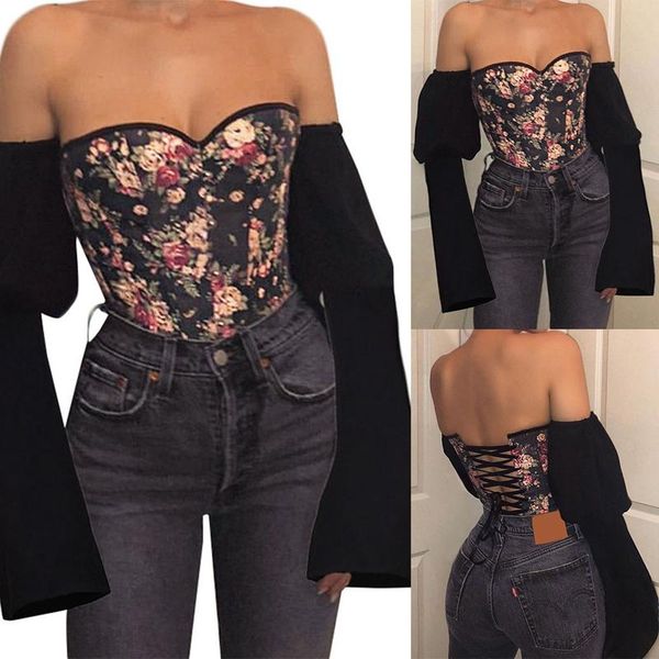

women's fashion one-neck halter lace-up print denim corset long sleeve black t-shirt, White
