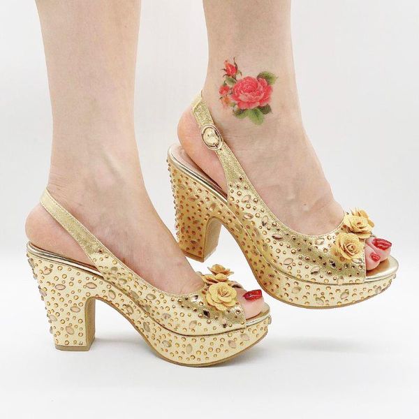 

floral women sandals bling slingbacks luxury golden ladies shoes platform chunky high heeled for party wedding, Black