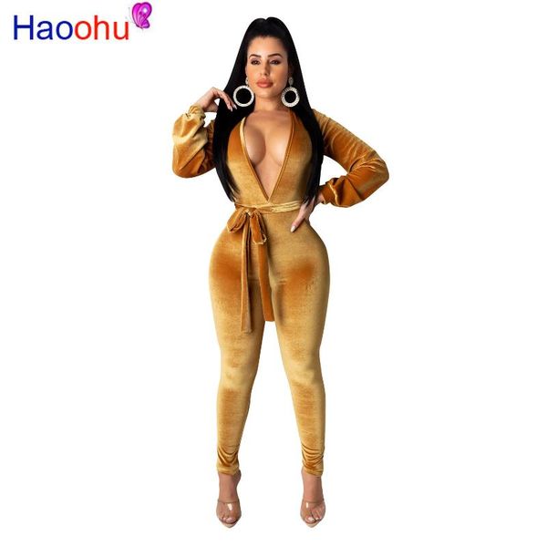 

women's jumpsuits & rompers womens velet v neck long sleeve back cut out skinny bodycon night club party overall streetwear high stretc, Black;white