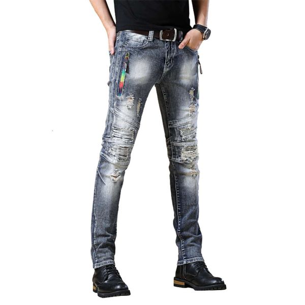 

men jeans biker skinny jean homme denim ripped panties stretch broek slim fit locomotief hip hop mode, Blue