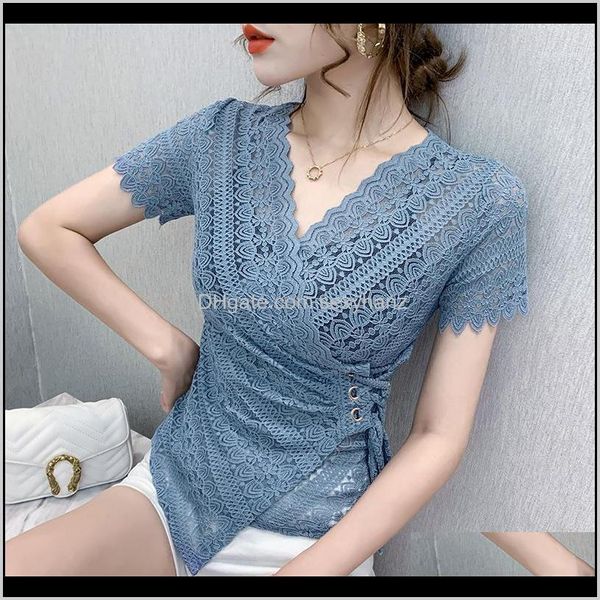 

womens blouses shirts summer women clothes shortsleeve vneck tie rope casual shirt fashion crochet lace blouse hollow out 1 7 ayc6h, White