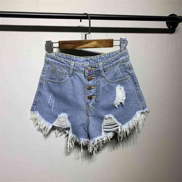 

korea fashion summer women jean shorts plus size button high waist loose casual hole denim tassel d214 210512, White;black
