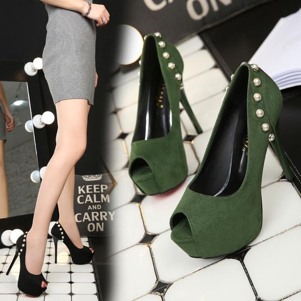 

dress shoes spring women's pumps shallow mouth high heels(14/12cm) with platform pearl peep toe faux suede oulyyyogo, Black
