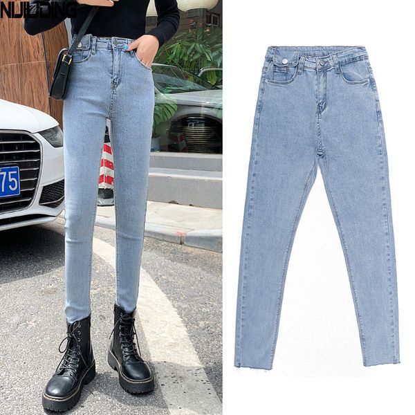 I pantaloni da donna in jeans dritti a vita alta autunnali erano sottili e alti, aderenti, piedi slim, casual 210514