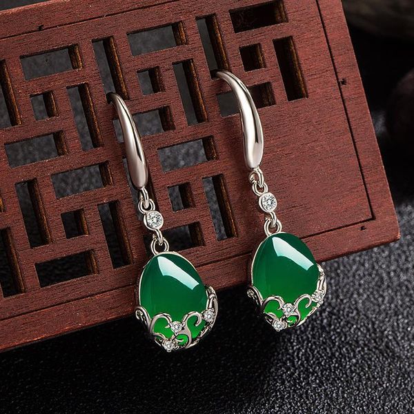 

dangle & chandelier natural green chalcedony hand-carved drop earrings fashion boutique jewelry men and women agate gift, Silver