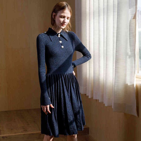 

dresses women knitted long sweater autumn winter women's office ladies turn down collar sleeve pleated es knitwear, Black;gray