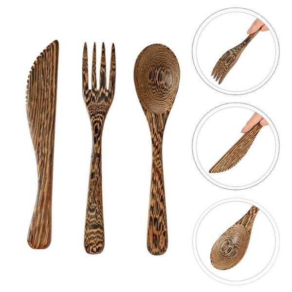 

set 3pcs wooden forks spoons knives tableware wax paint cutlery bowls