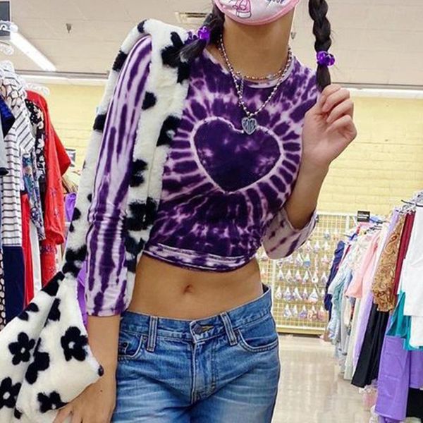 

women's t-shirt 2021 autumn tie dye heart print crop t shirt long sleeve casual tee y2k women fashion harajuku purple ladies, White
