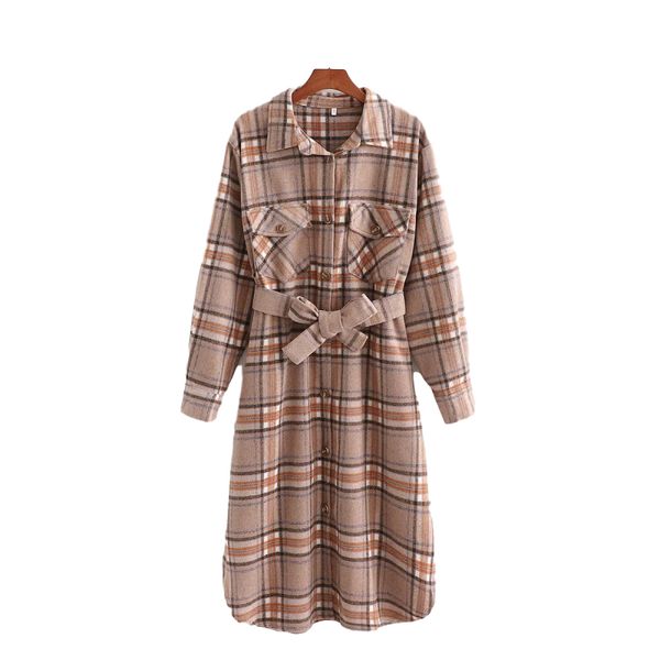 Vintage Donna Sciolto Cammello Plaid Fusciacche Lunghi Cappotti di lana Autunno-Inverno Moda Donna Giacca morbida Capispalla femminile oversize 210515