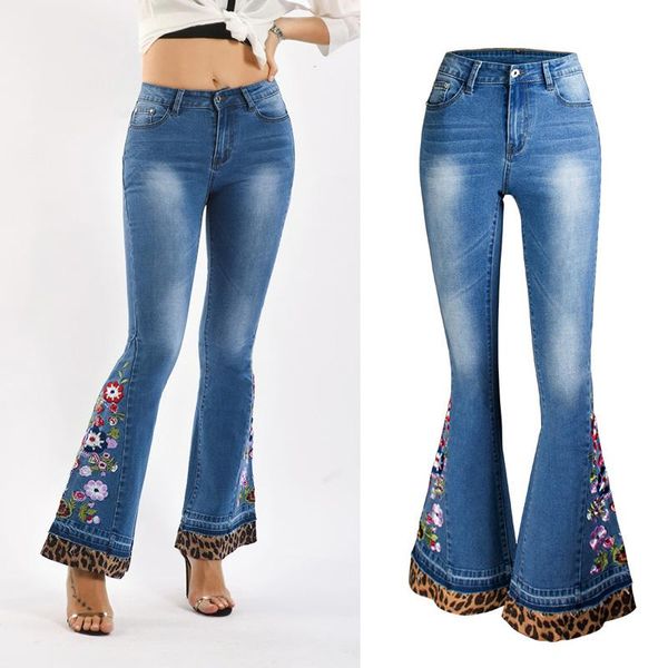 

women's jeans women vintage beading denim pants flare trousers fashion bell-bottoms chic streetwear flower embroidery woman, Blue