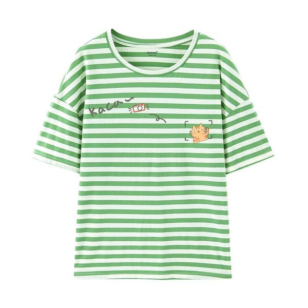 

women's t-shirt inman summer cute women funny cat pattern print striped short sleeve casual cotton round collar, White