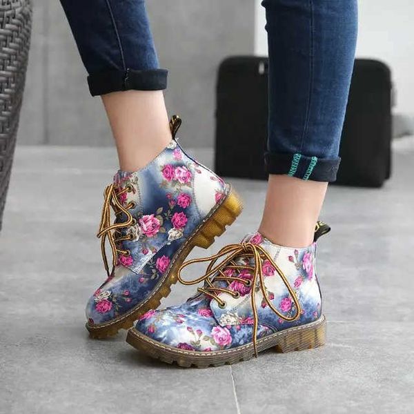 

fashion lace up floral martin boots women's british style flat bottomed cloth spring and autumn short, Black