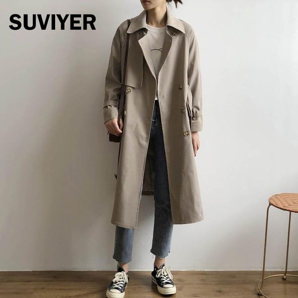 

women's trench coats [suviyer] 2021 spring and autumn coat women long sleeve temperament was thin turn-down collar windbreaker femme, Tan;black
