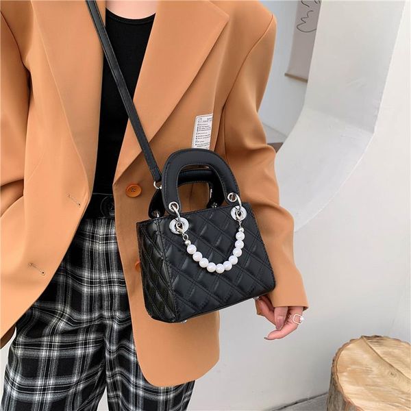 

evening bags elegant female pearl small tote bag 2021 summer quality pu leather women's designer handbag lattice shoulder messenger