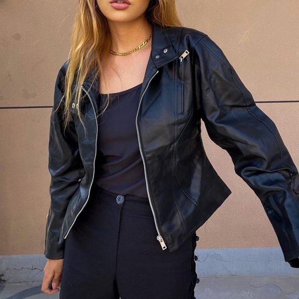 

women's fur & faux korean simulation sheepskin puff sleeve waist short stand collar leather jacket women, Black
