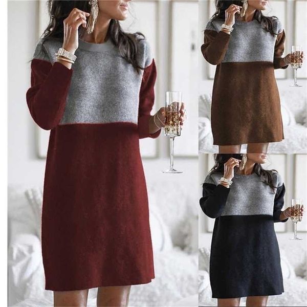 

autumn and winter womens sweater dresses stitching loose large size round neck long sleeve woman dress vestido de mujer 211112, Black;gray