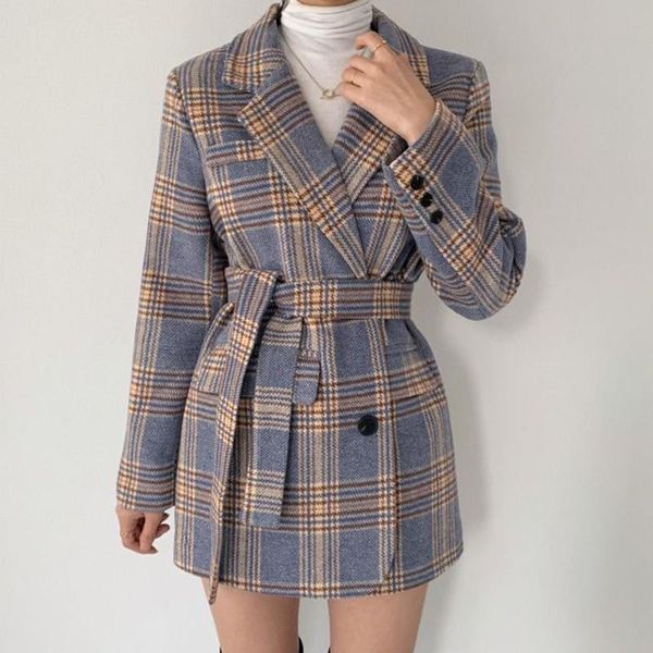 

women's jackets korean chic notched collar hit color plaid ol long sleeve jacket women autumn winter drawstring single botton coat, Black;brown
